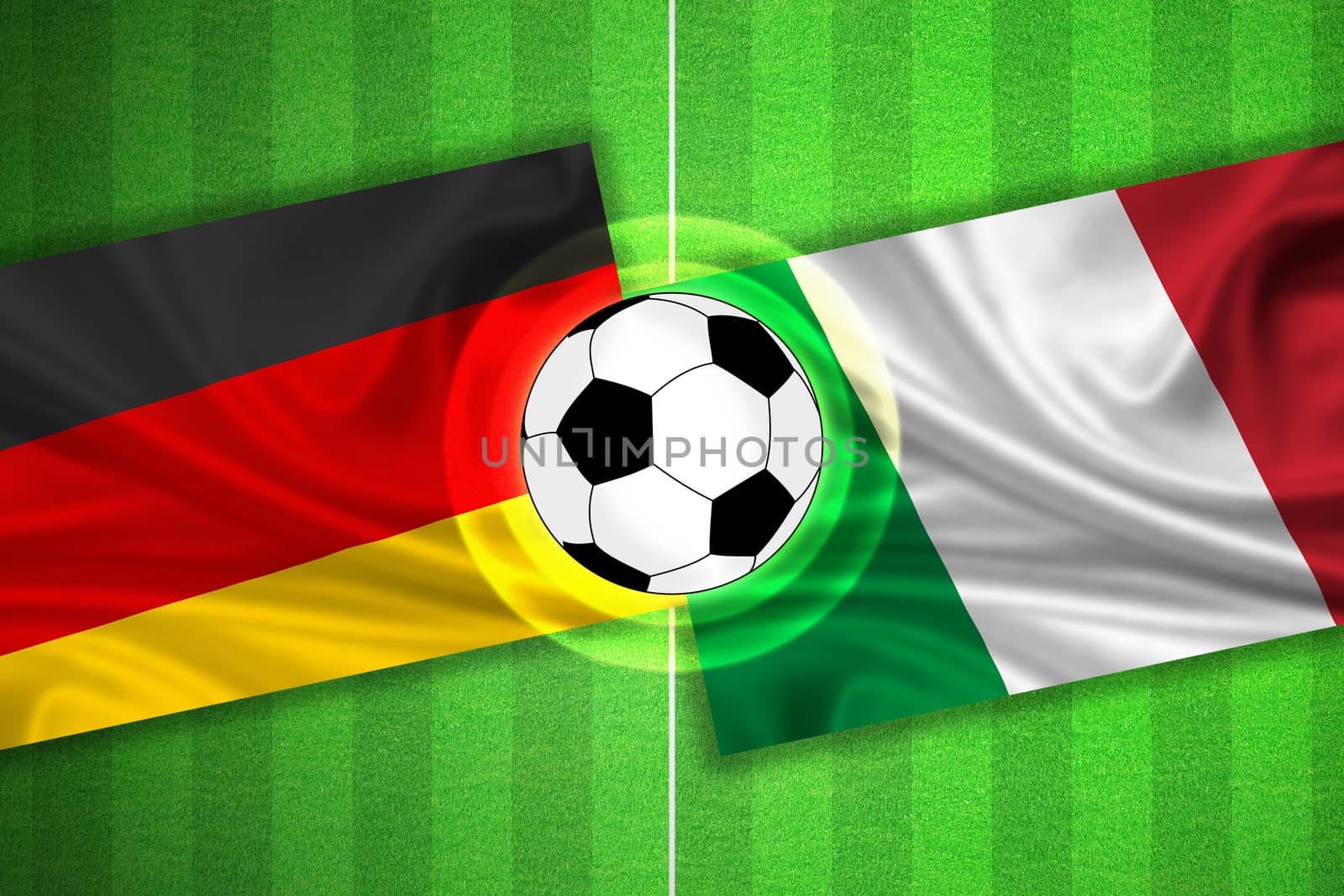 green Soccer / Football field with stripes and flags of germany - italy, and ball.