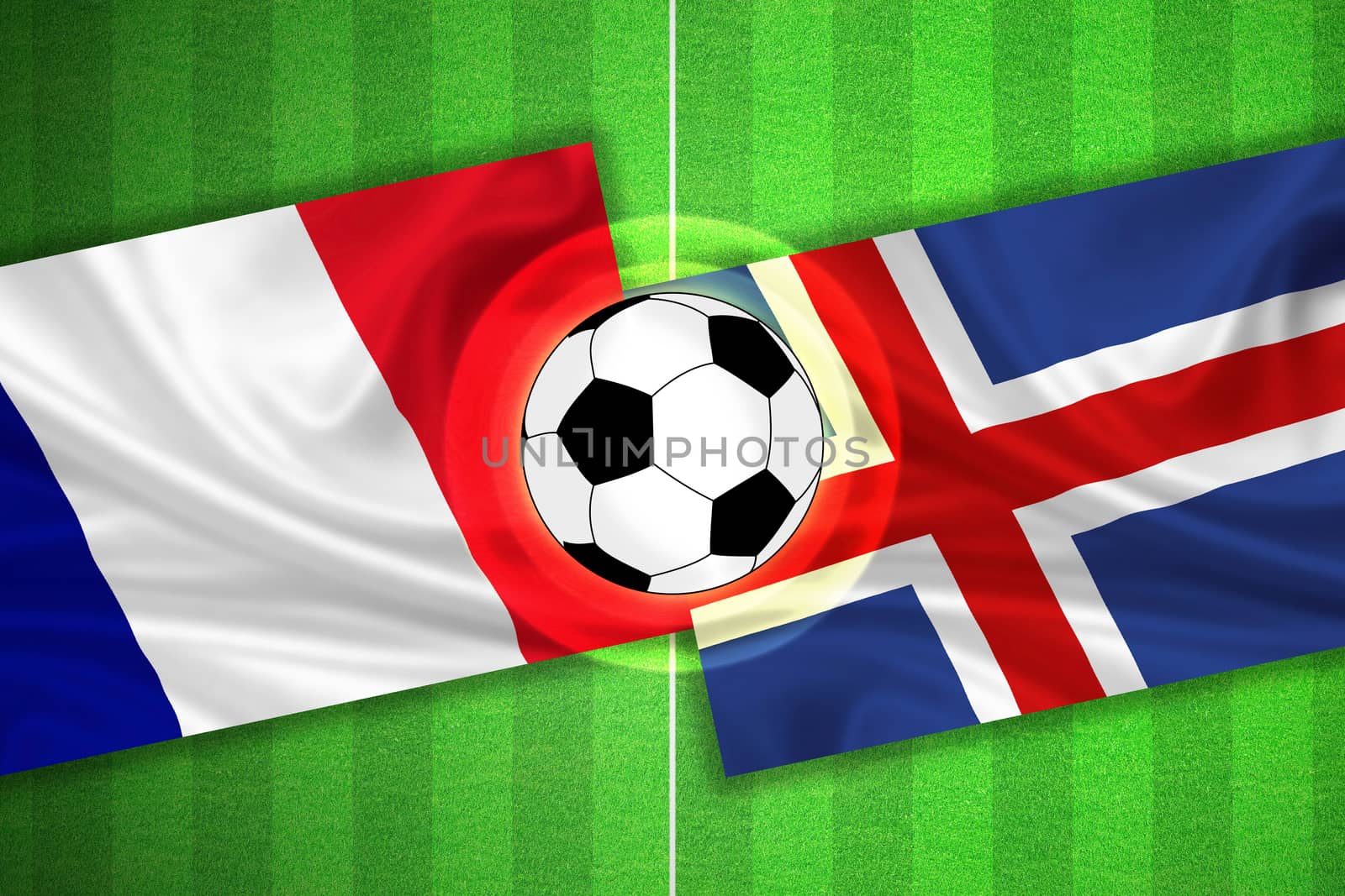 green Soccer / Football field with stripes and flags of france - iceland, and ball.