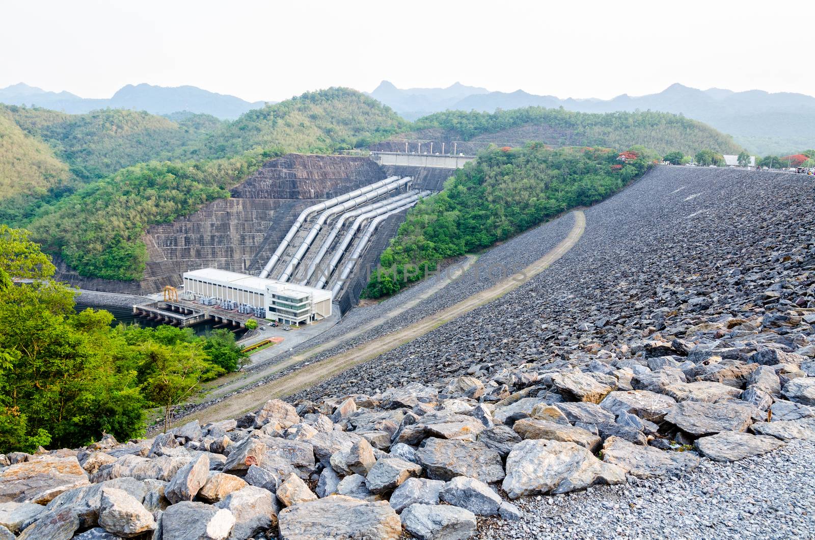 Hydroelectric power stations at Khuean Sinakharin Dam in Kanchanaburi Province, Thailand