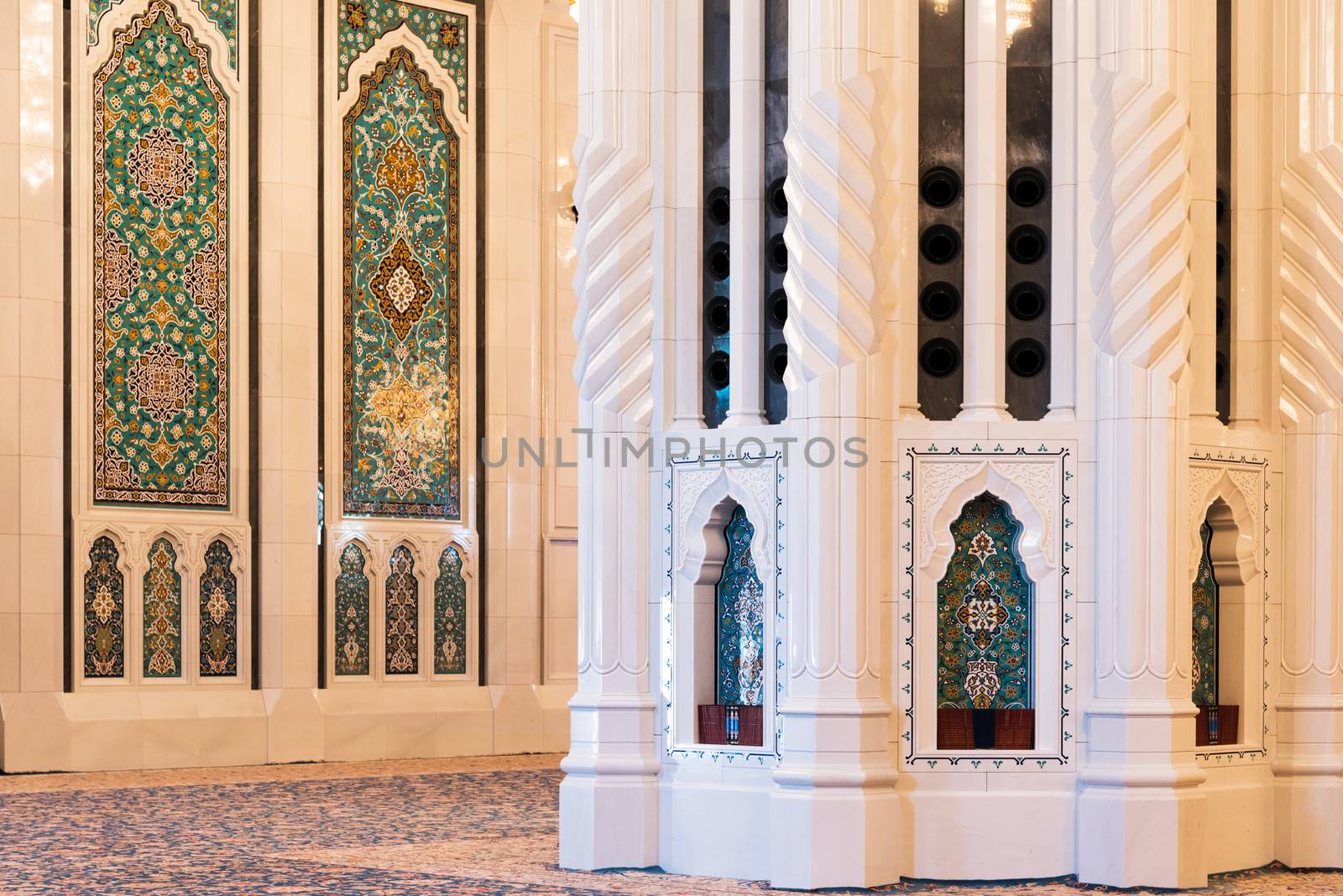 Muscat, Oman - February 28, 2016: Interior of Sultan Qaboos Grand Mosque in Muscat, Oman. This is the largest and most decorated mosque in this mostly Muslim country.