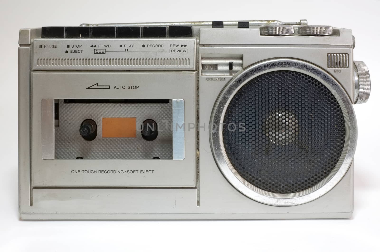 Retro blaster cassette tape recorder isolated on white background