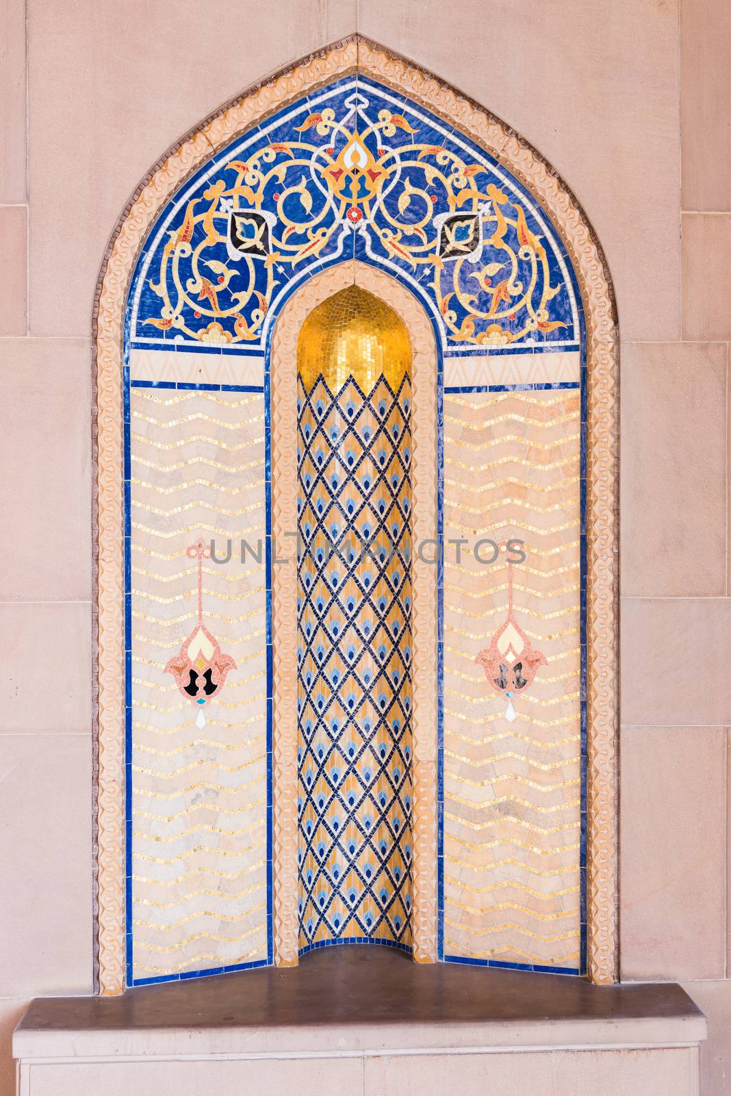 Muscat, Oman - February 28, 2016: Mosaic art at Sultan Qaboos Grand Mosque in Muscat, Oman. This is the largest and most decorated mosque in this mostly Muslim country.