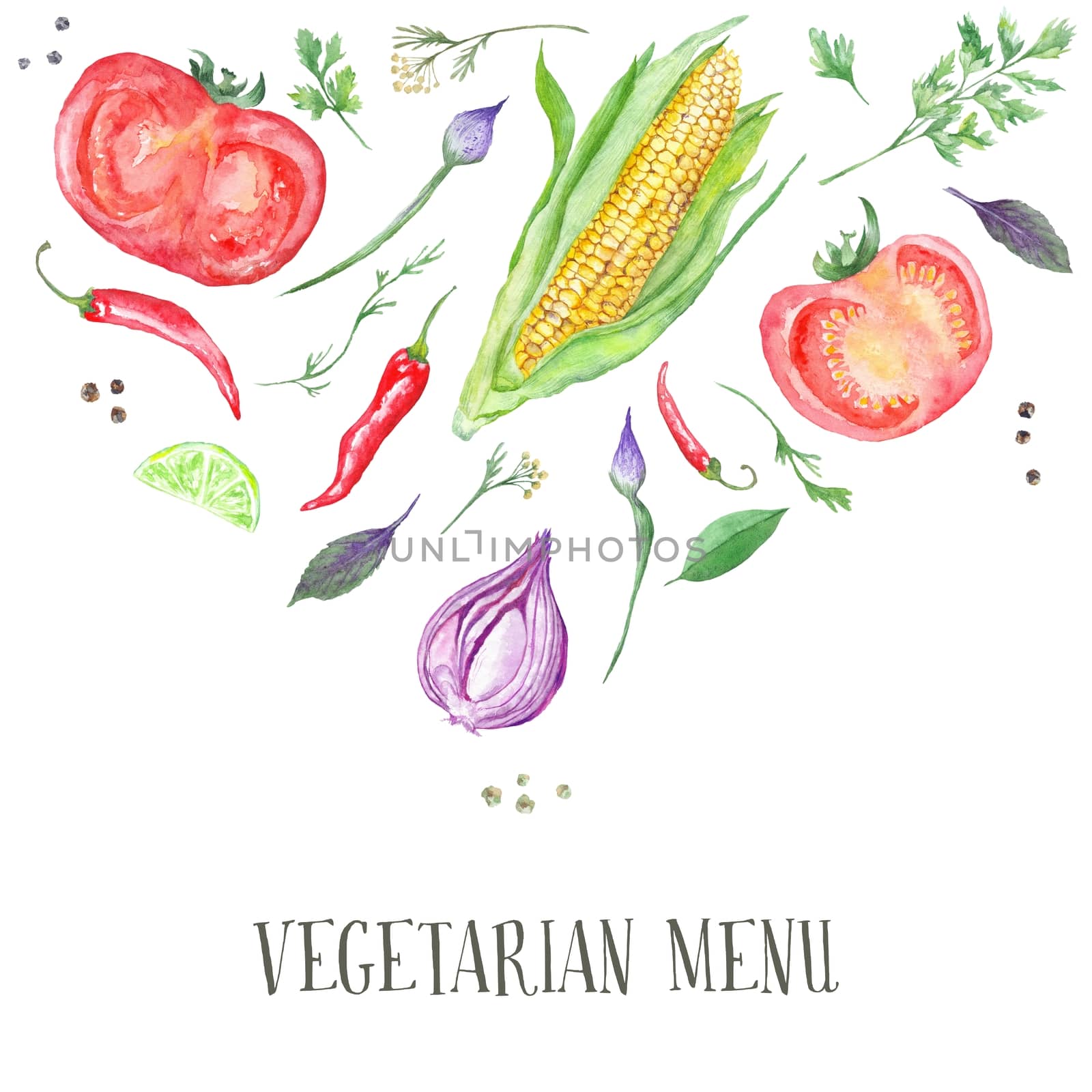 Hand-painted watercolor illustration with veggie food ingredients isolated on white background