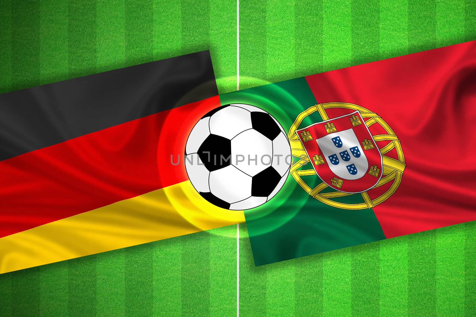 green Soccer / Football field with stripes and flags of germany - portugal, and ball.
