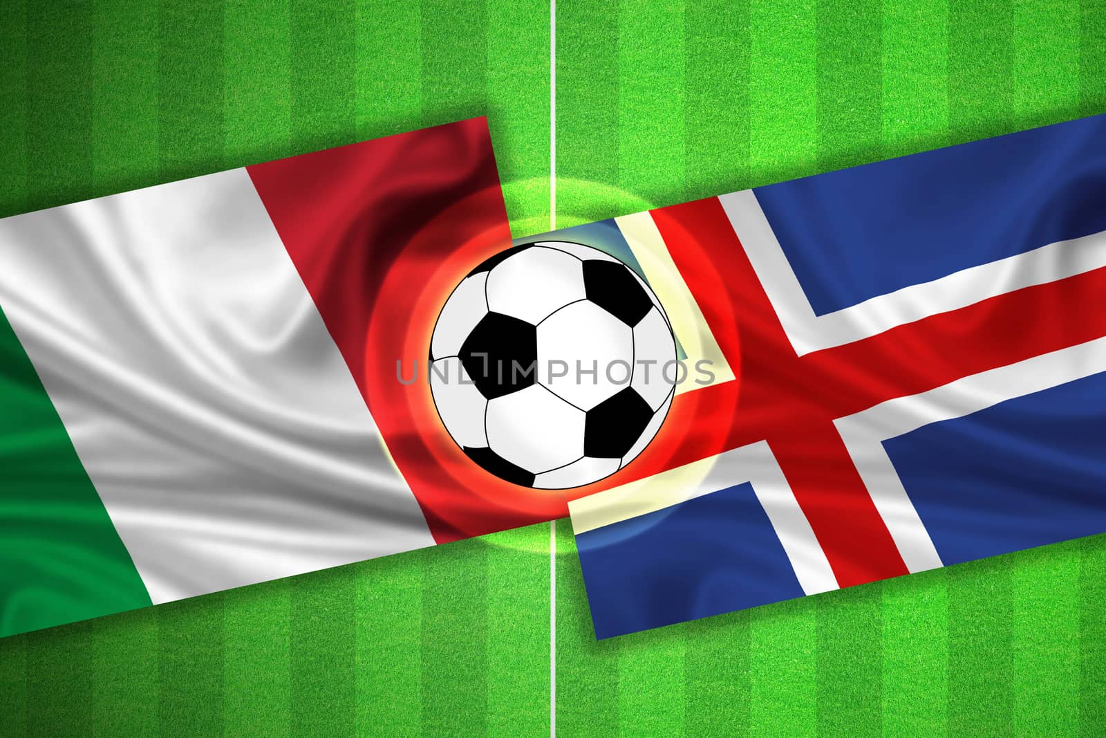 green Soccer / Football field with stripes and flags of italy - iceland, and ball.