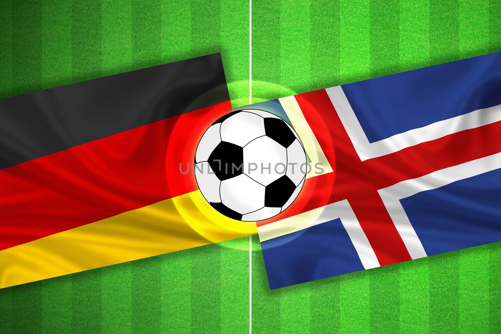 green Soccer / Football field with stripes and flags of germany - iceland, and ball.