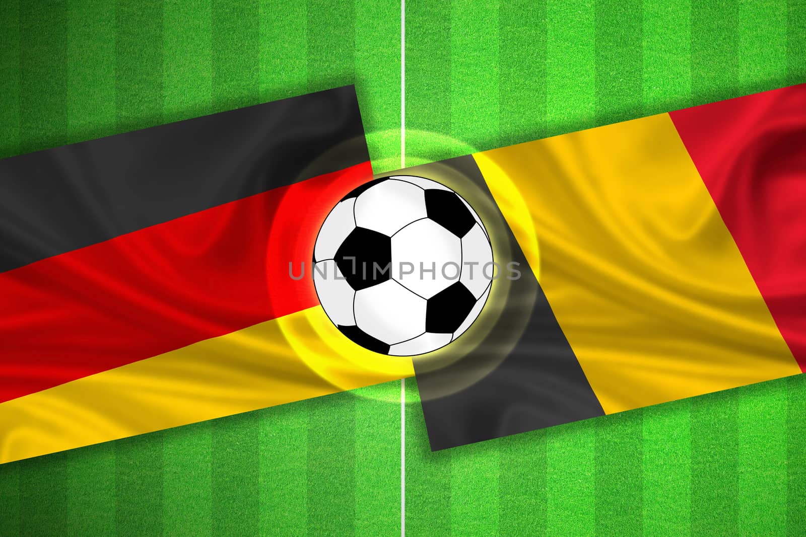 green Soccer / Football field with stripes and flags of germany - belgium, and ball.