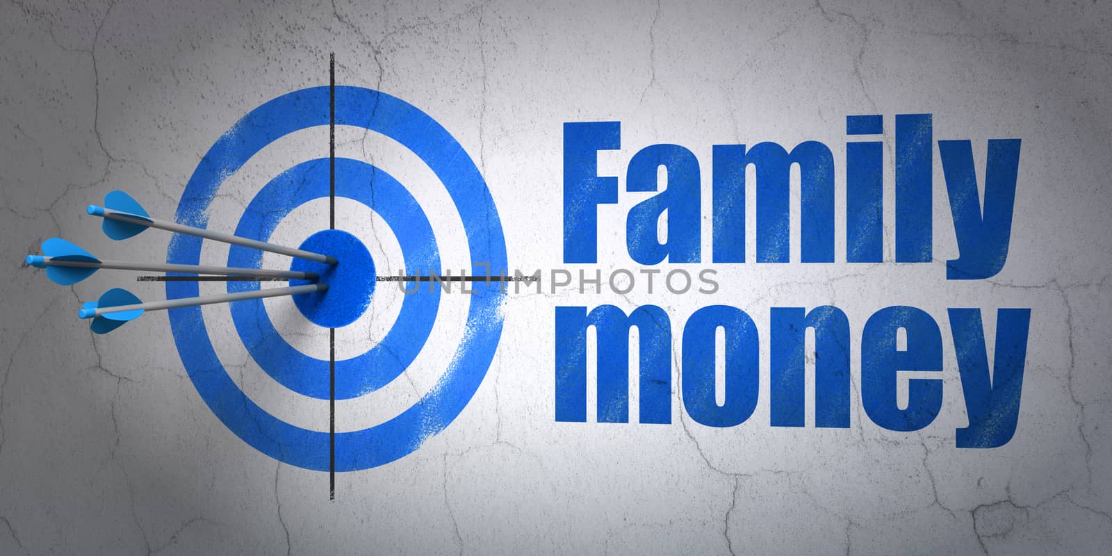 Success currency concept: arrows hitting the center of target, Blue Family Money on wall background, 3D rendering