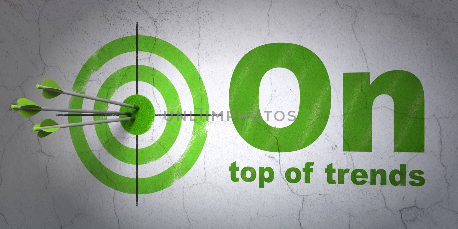 Success business concept: arrows hitting the center of target, Green On Top of trends on wall background, 3D rendering