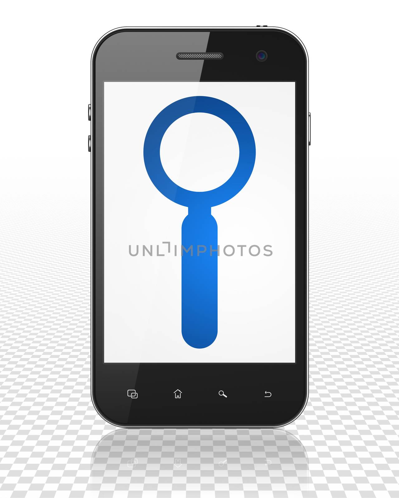 Web design concept: Smartphone with blue Search icon on display, 3D rendering