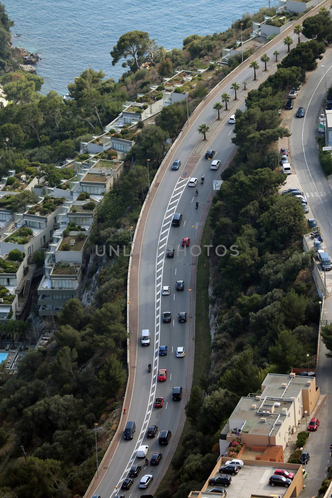 Cap-d'Ail, France - June 1, 2016: Aerial View of Cars on The Road in Cap-d'Ail in Southeastern France