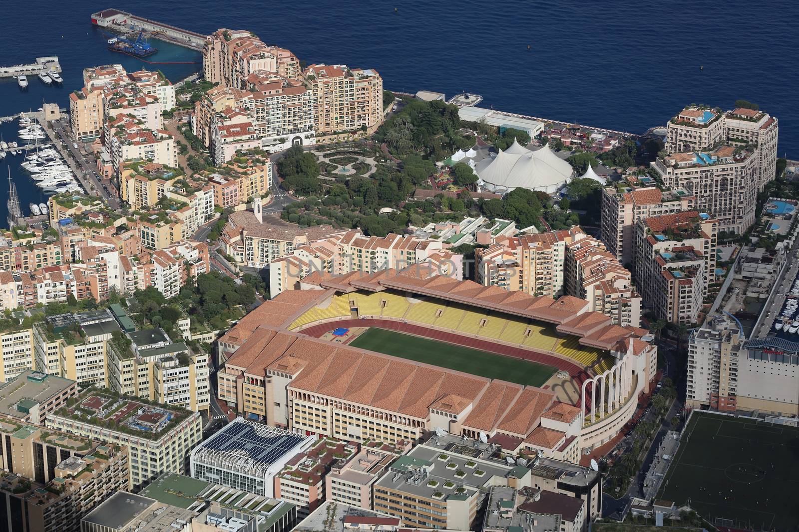 Fontvieille, Monaco - June 1, 2016: Aerial view of Stade Louis II and Fontvieille District in Monaco, south of France