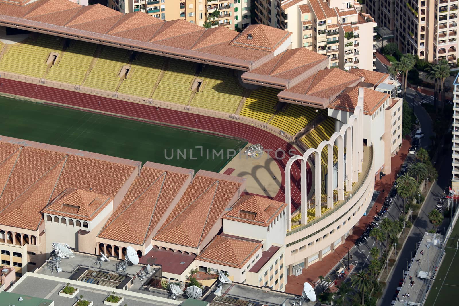 Fontvieille, Monaco - June 1, 2016: Aerial view of Stade Louis II in Monaco, south of France