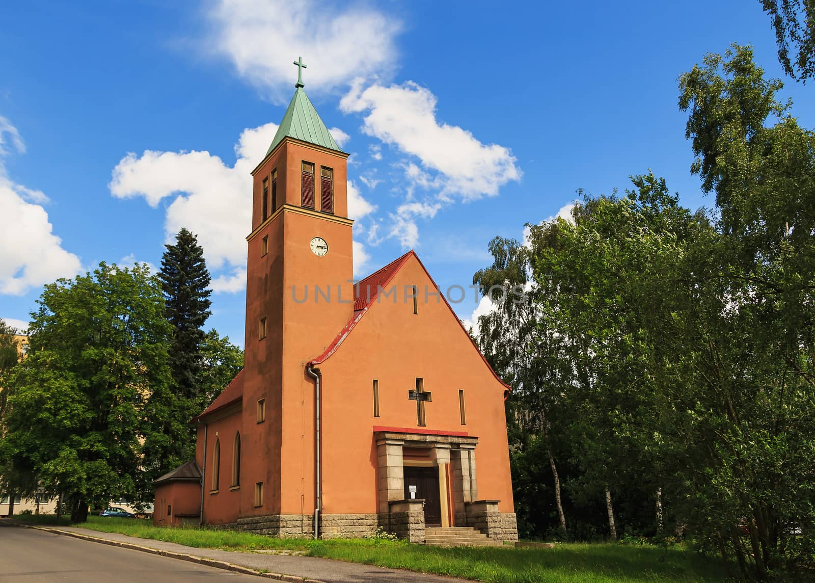 Taken June 18, 2016 Jablonec nad Nisou Czech Republic church of the thirties of the 20th century, standing next to the road in the background trees and sky