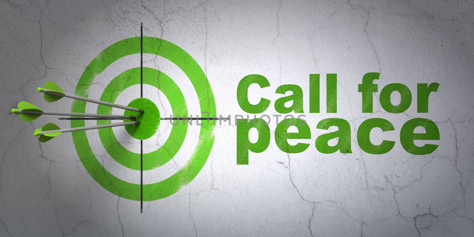 Success politics concept: arrows hitting the center of target, Green Call For Peace on wall background, 3D rendering