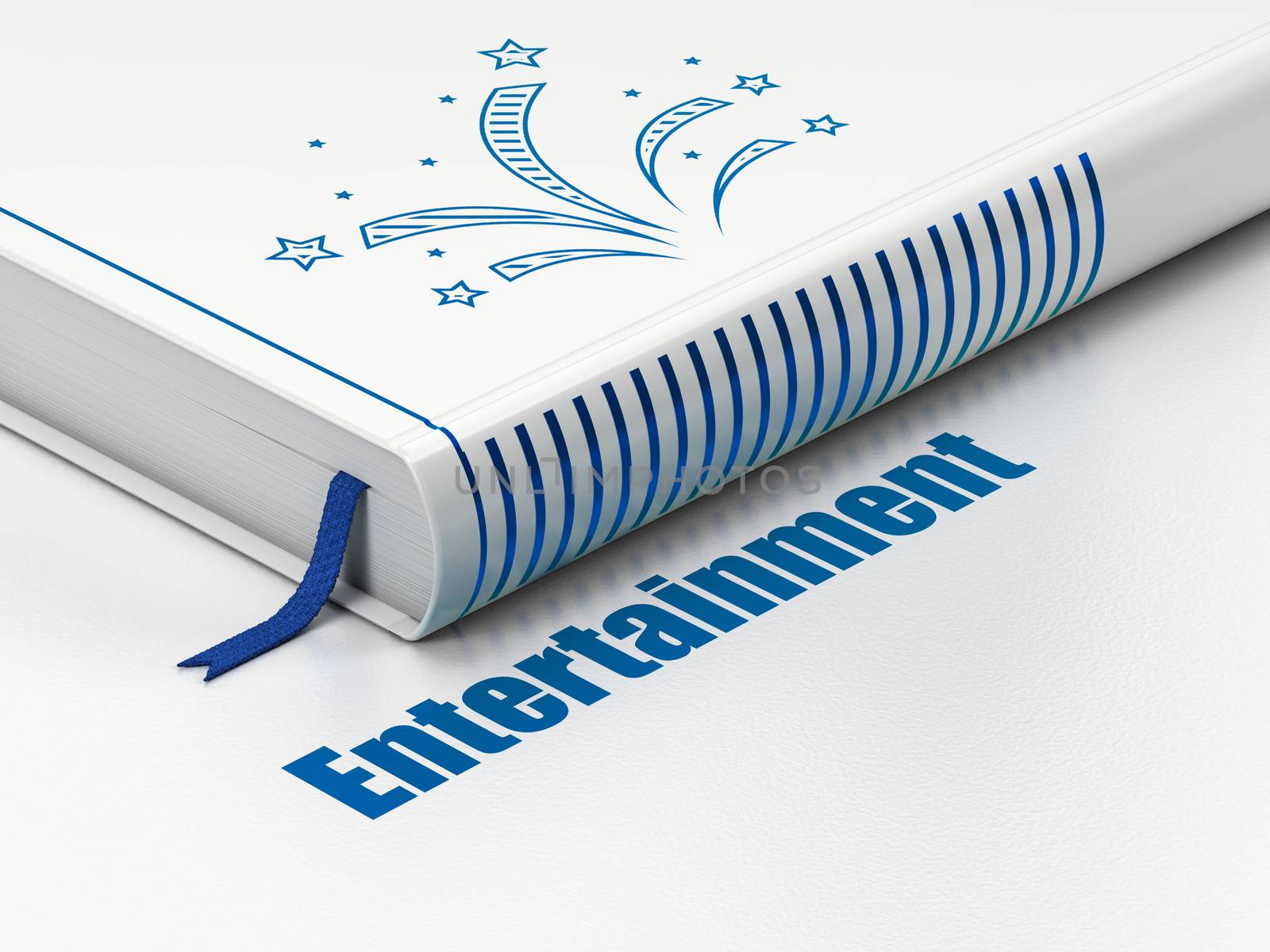 Entertainment, concept: closed book with Blue Fireworks icon and text Entertainment on floor, white background, 3D rendering