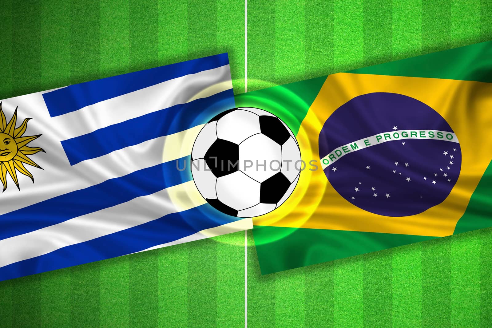 green Soccer / Football field with stripes and flags of uruguay - brazil, and ball.