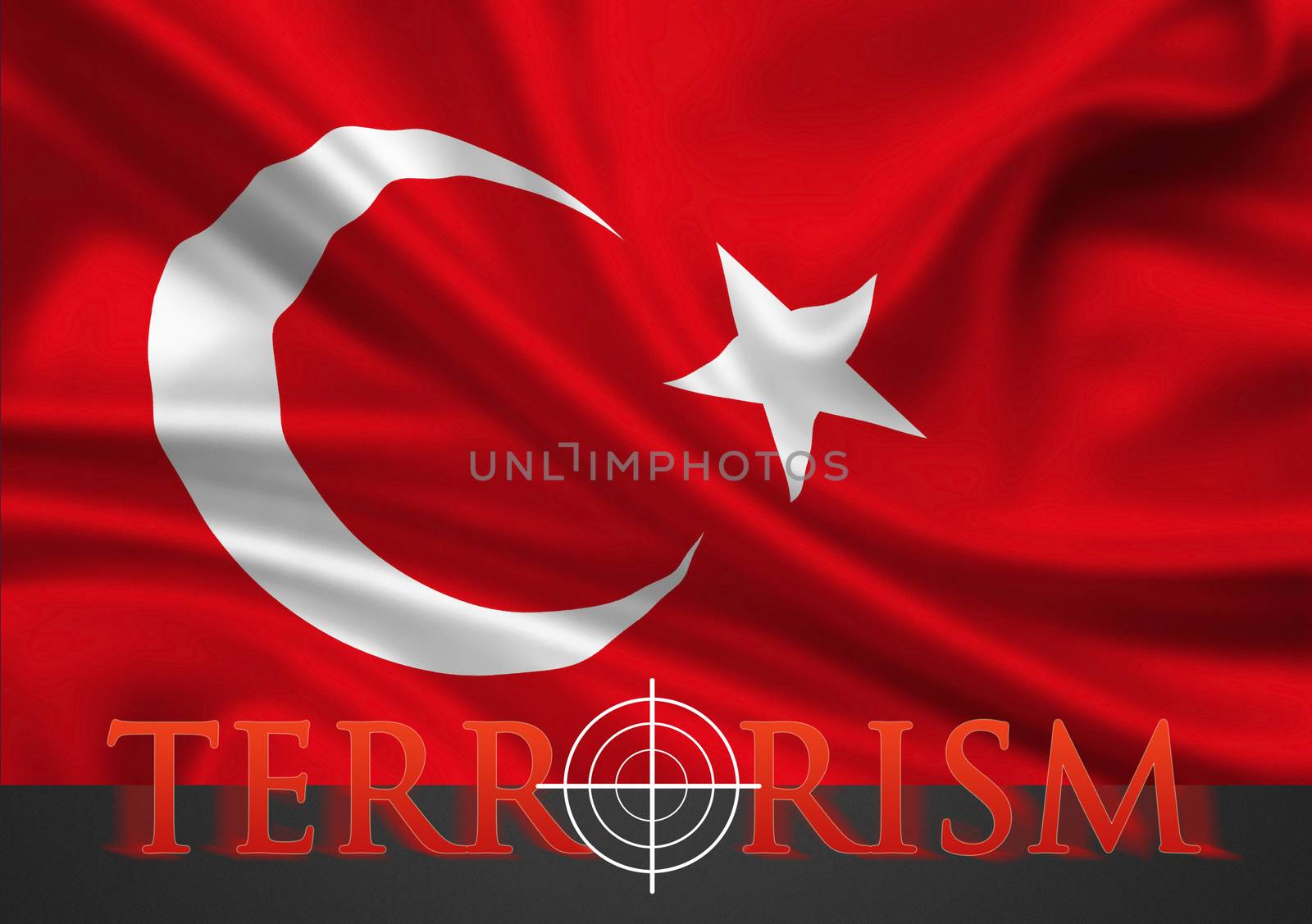 Turkey terrorism illustration - white hairline cross in red lettering on turkish flag