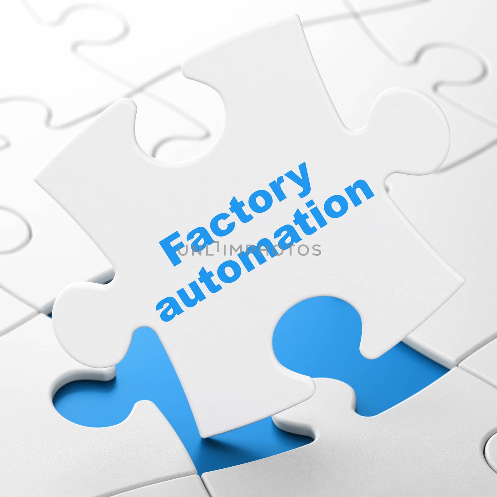 Manufacuring concept: Factory Automation on White puzzle pieces background, 3D rendering