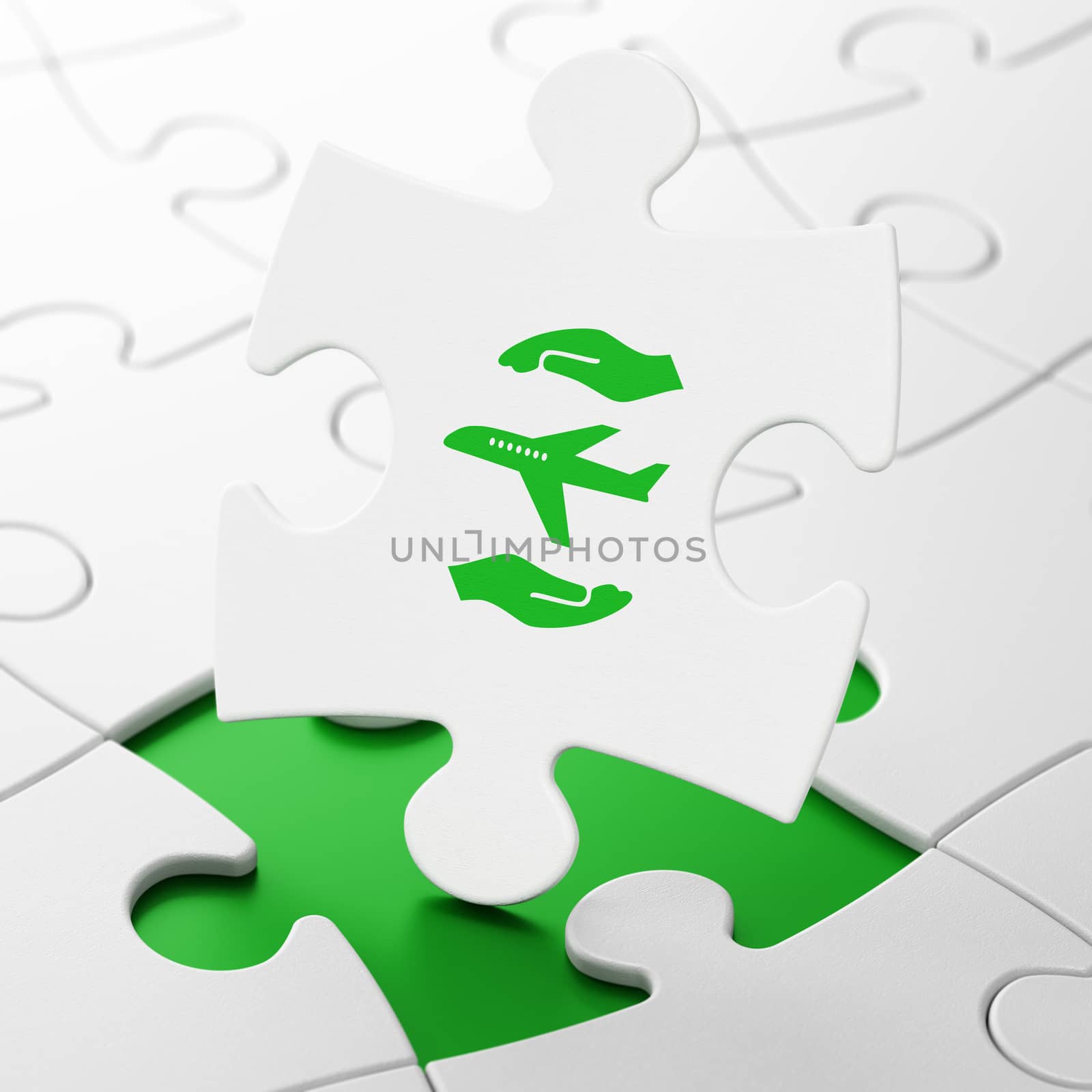 Insurance concept: Airplane And Palm on White puzzle pieces background, 3D rendering