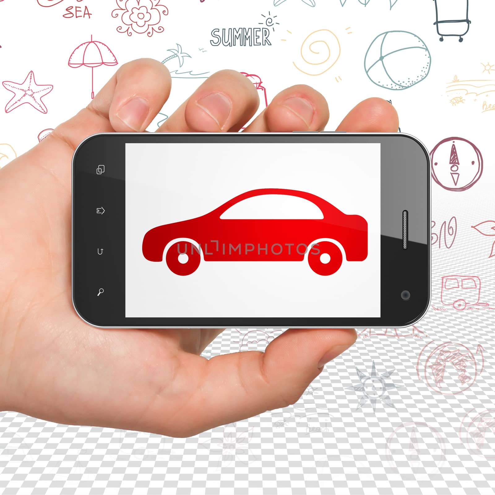 Vacation concept: Hand Holding Smartphone with  red Car icon on display,  Hand Drawn Vacation Icons background, 3D rendering