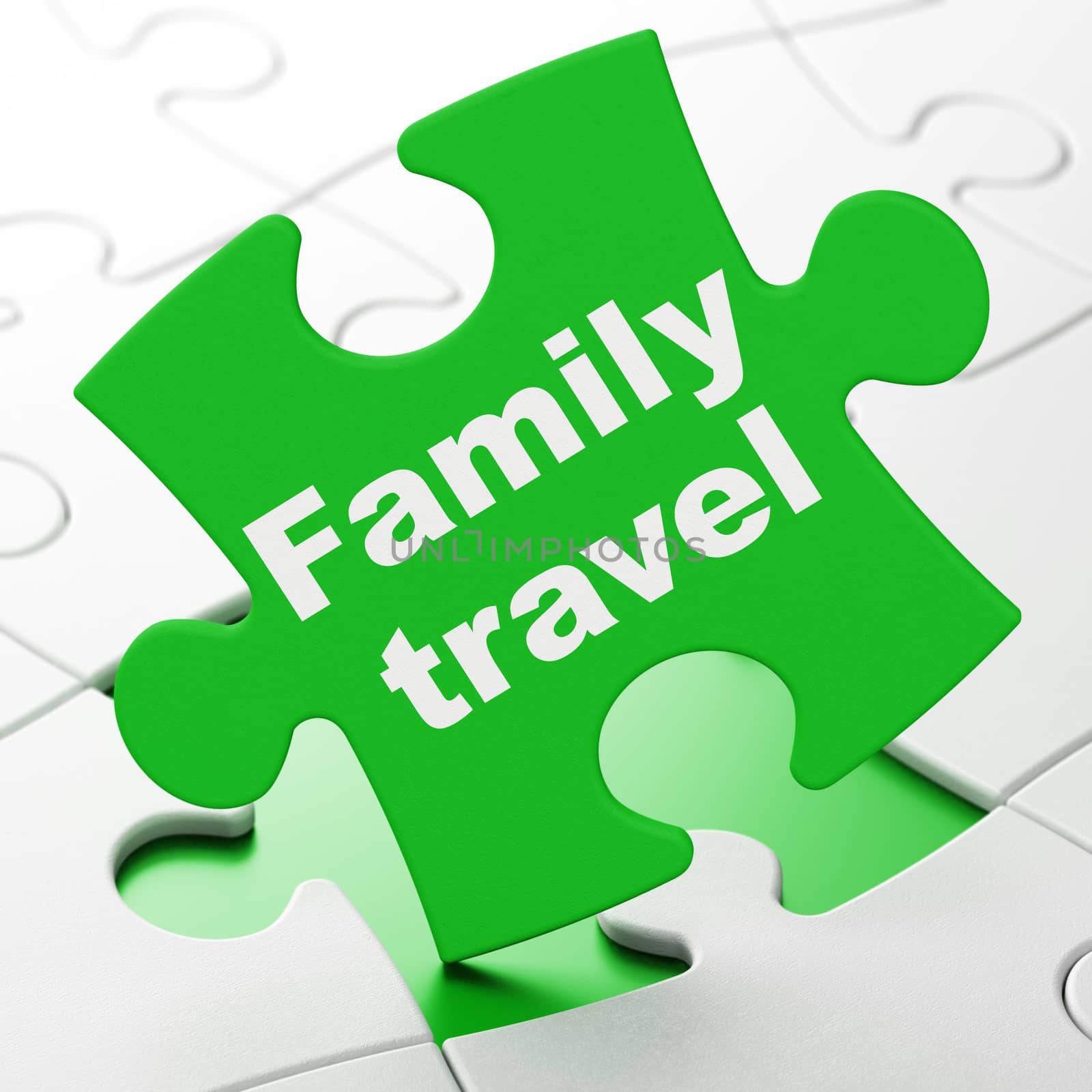 Travel concept: Family Travel on Green puzzle pieces background, 3D rendering