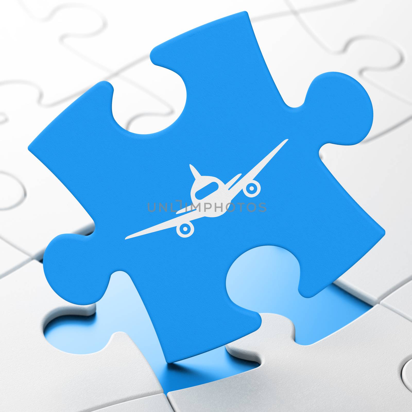 Travel concept: Aircraft on Blue puzzle pieces background, 3D rendering