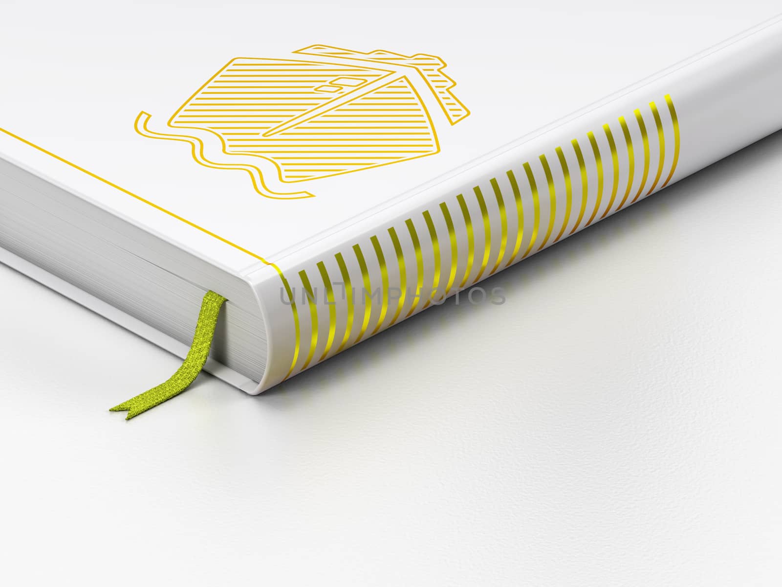 Tourism concept: closed book with Gold Ship icon on floor, white background, 3D rendering