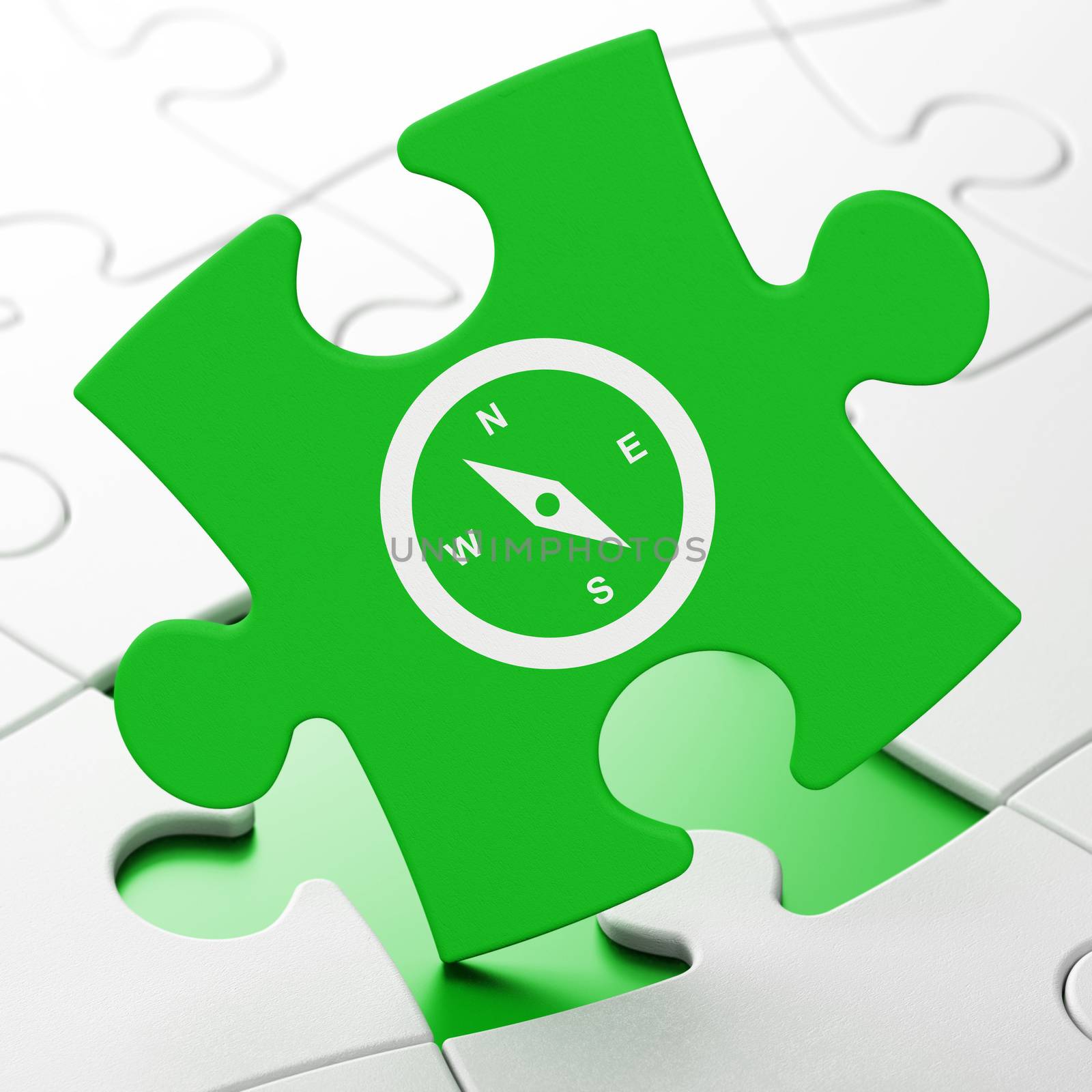 Vacation concept: Compass on Green puzzle pieces background, 3D rendering