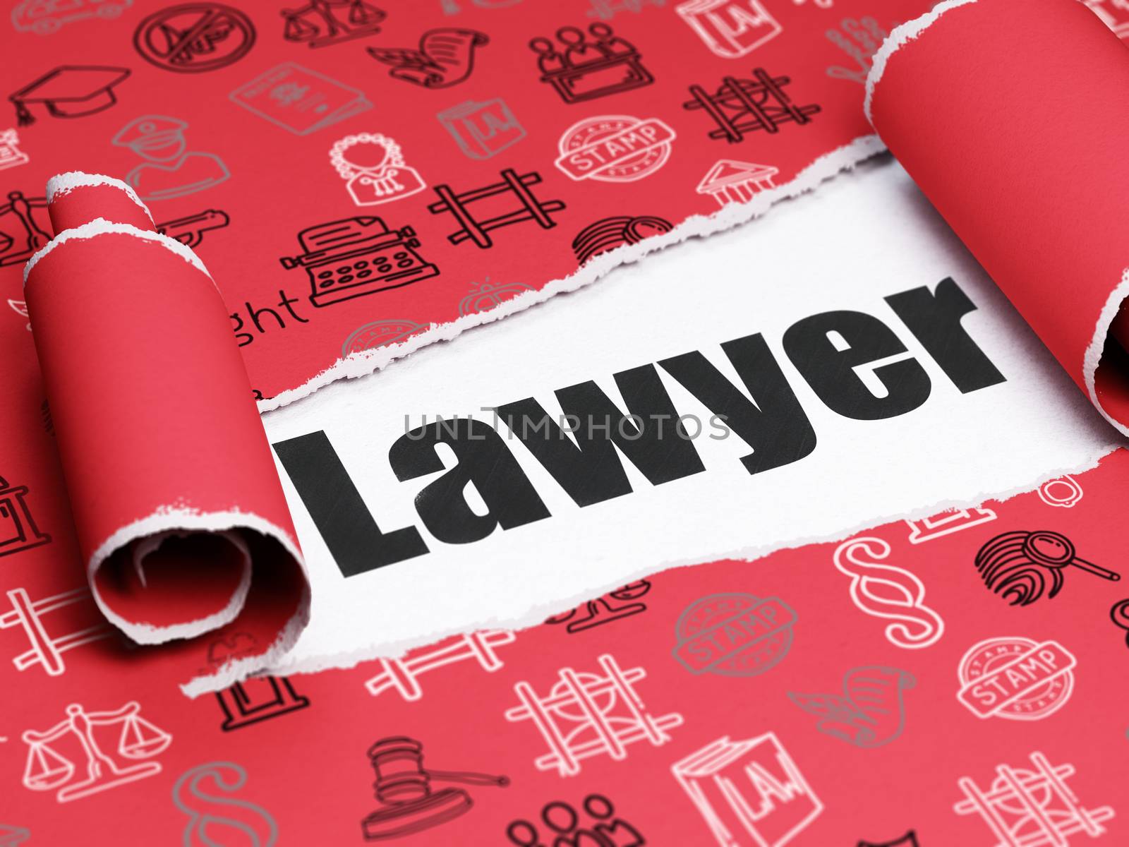 Law concept: black text Lawyer under the curled piece of Red torn paper with  Hand Drawn Law Icons, 3D rendering