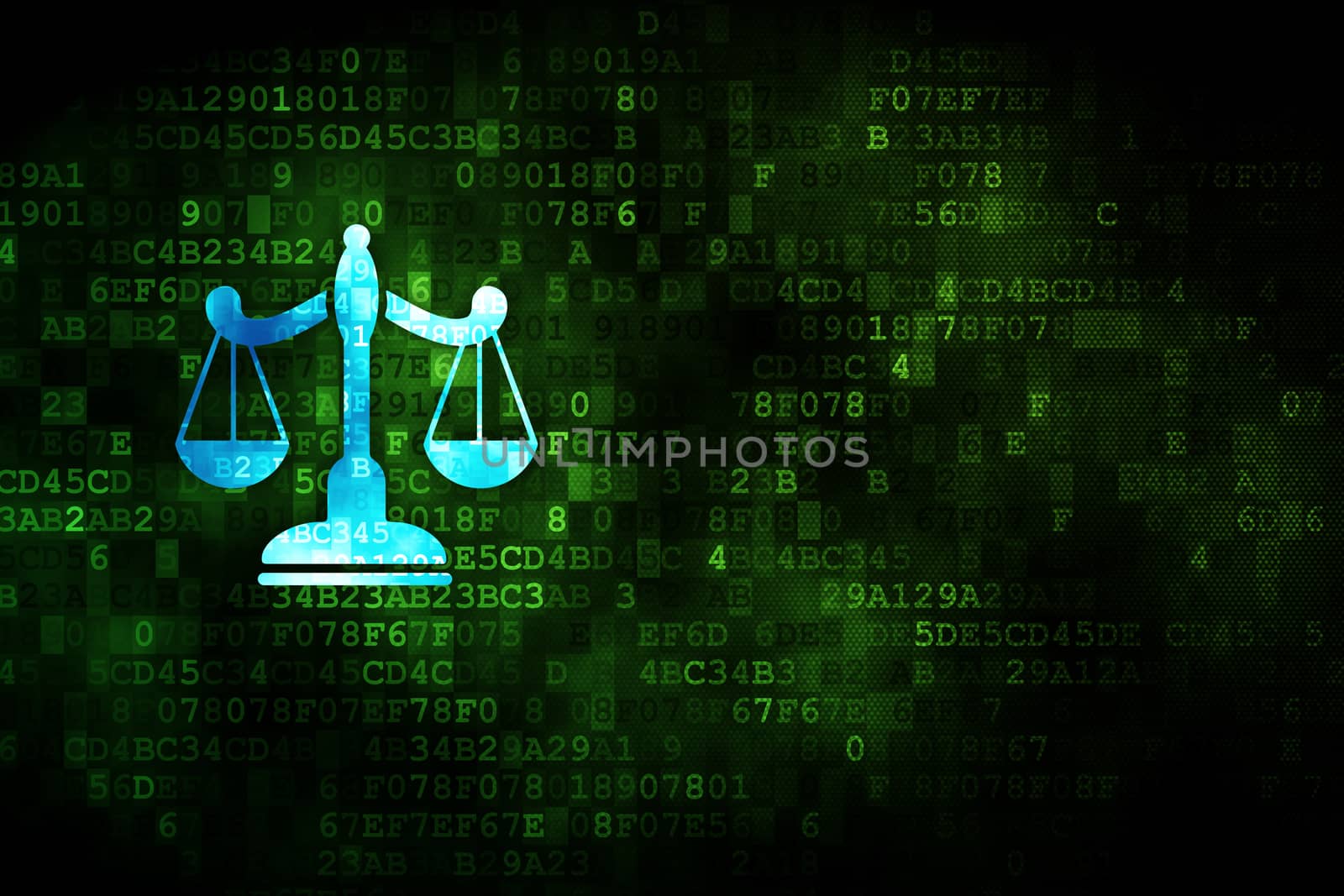 Law concept: pixelated Scales icon on digital background, empty copyspace for card, text, advertising