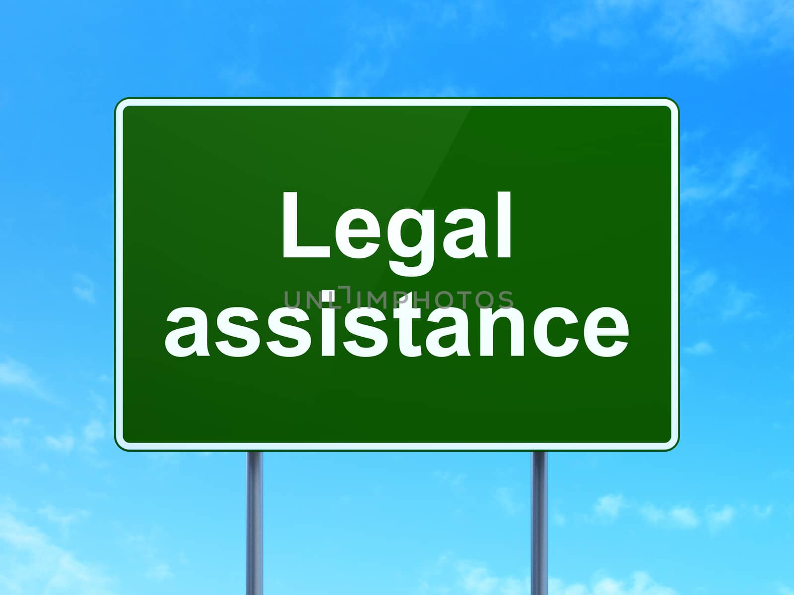 Law concept: Legal Assistance on green road highway sign, clear blue sky background, 3D rendering