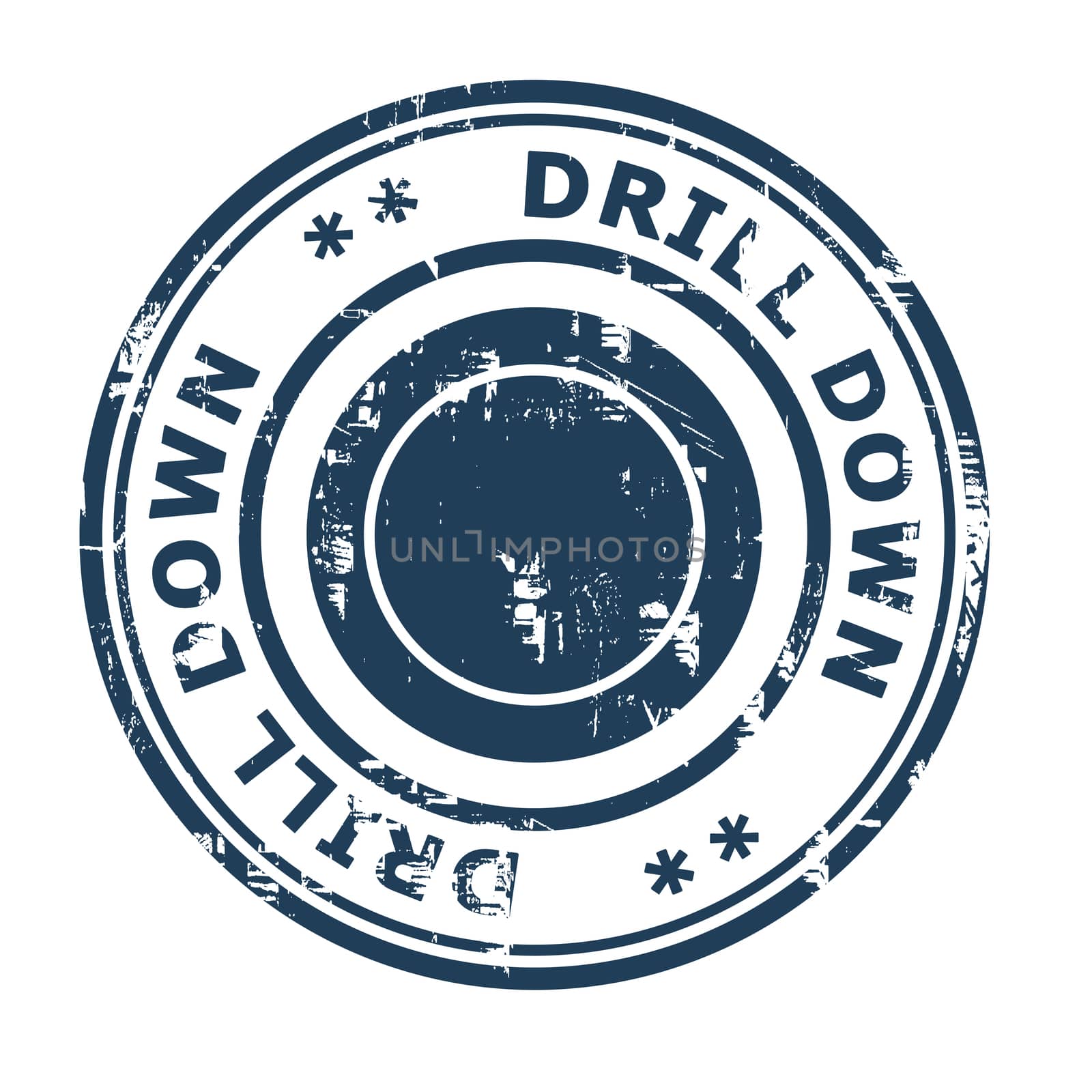Drill Down business concept rubber stamp isolated on a white background.