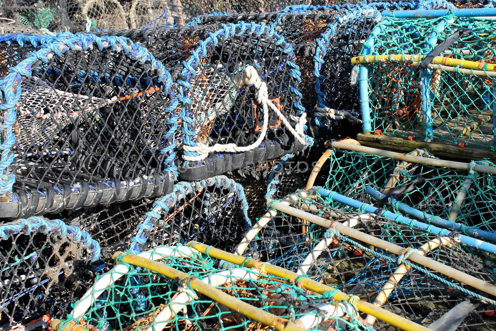 Stack of lobster pots and creels in Scarborough harbor.