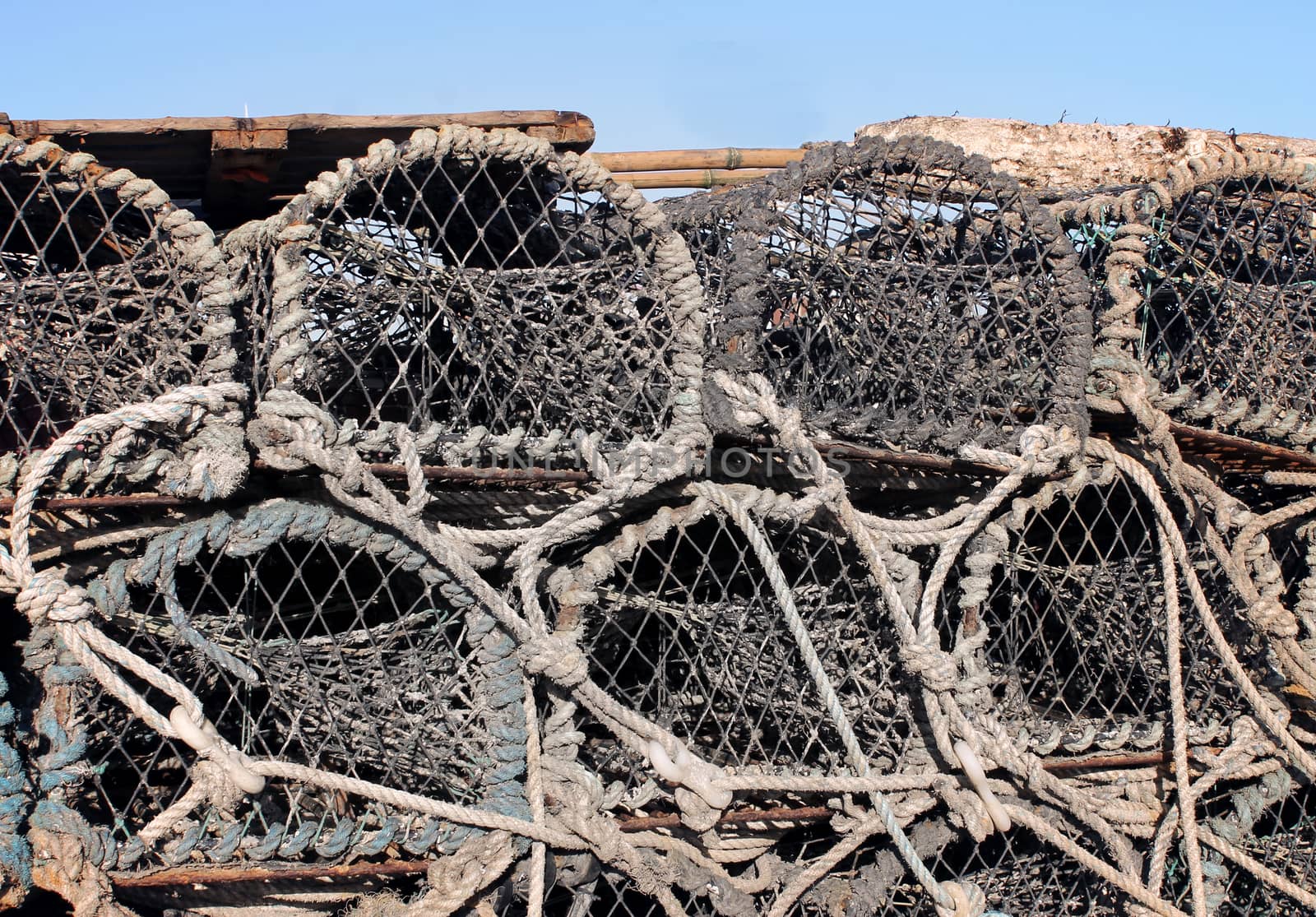Stack of old lobster pots, Scarborough, England.