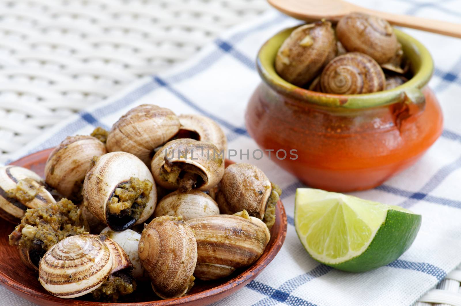 Delicious Escargot with Garlic Butter in Plate and Bowl with Lime closeup on Checkered Napkin. Focus on Foreground