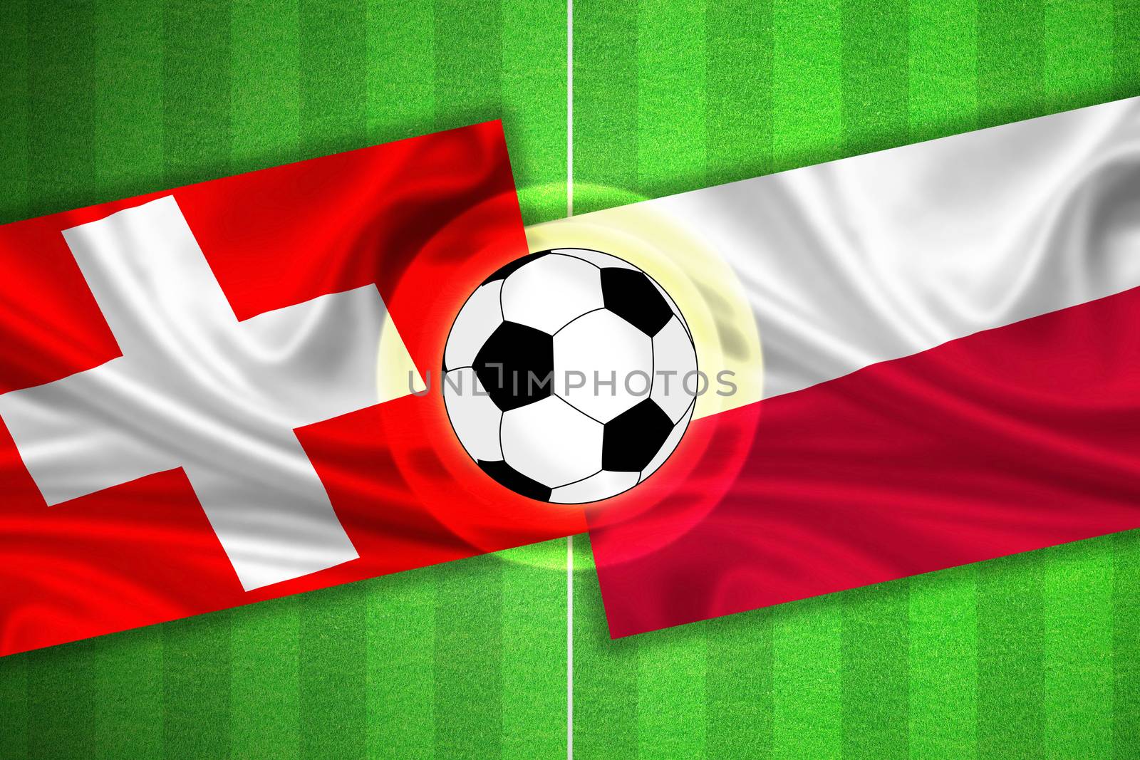 green Soccer / Football field with stripes and flags of switzerland - poland, and ball.