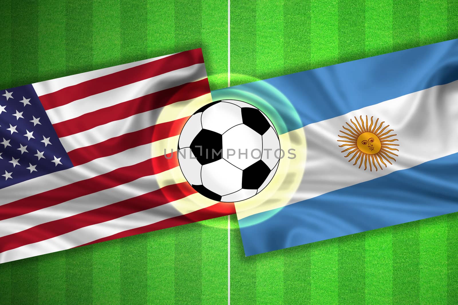 green Soccer / Football field with stripes and flags of usa / america - argentina, and ball.