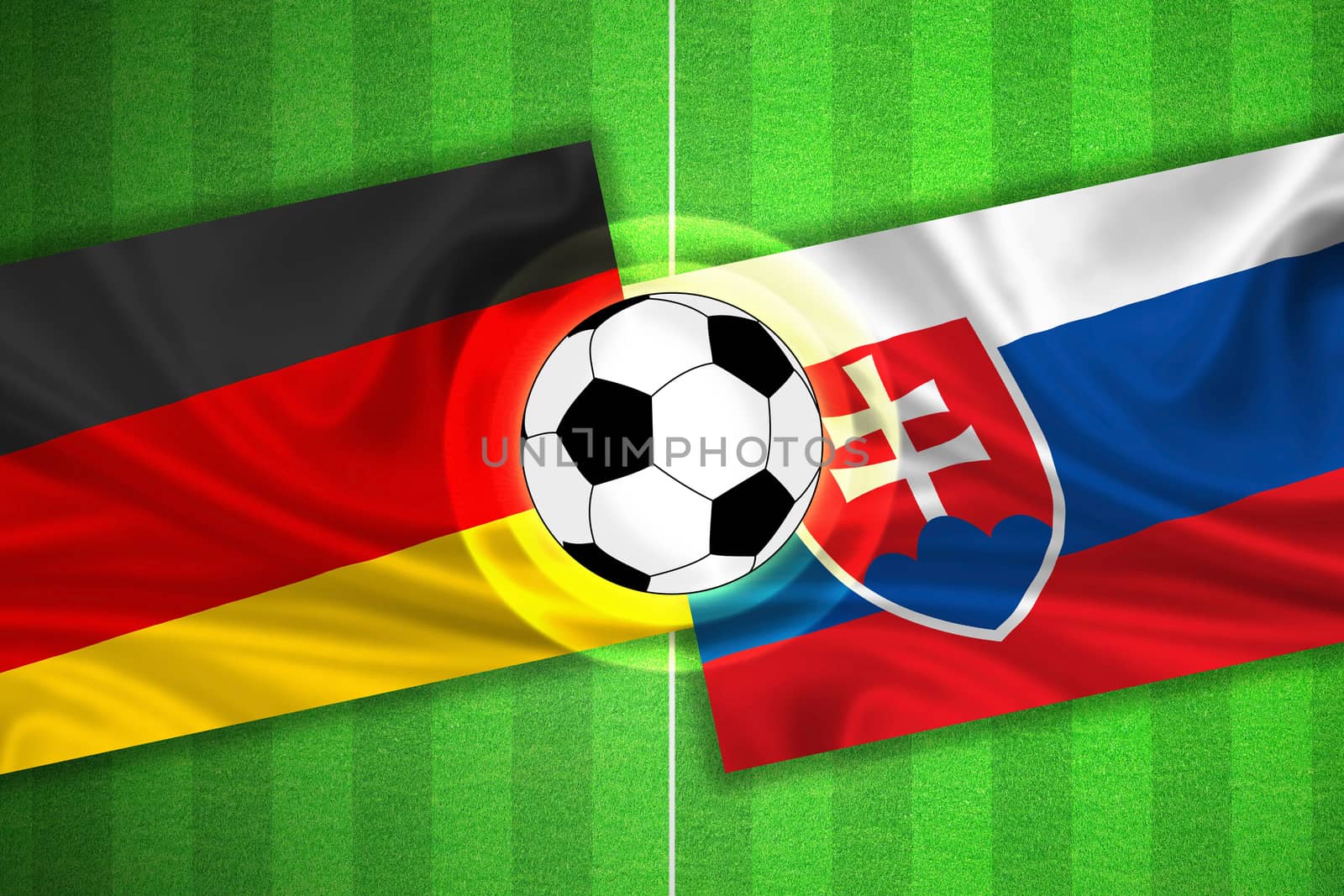 green Soccer / Football field with stripes and flags of germany - slovakia, and ball.