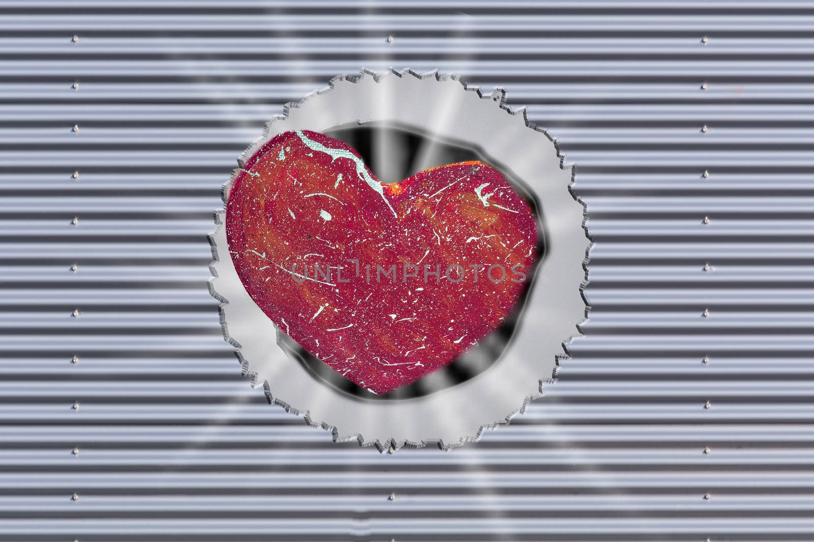 Background, metal wall with hole and red heart. 