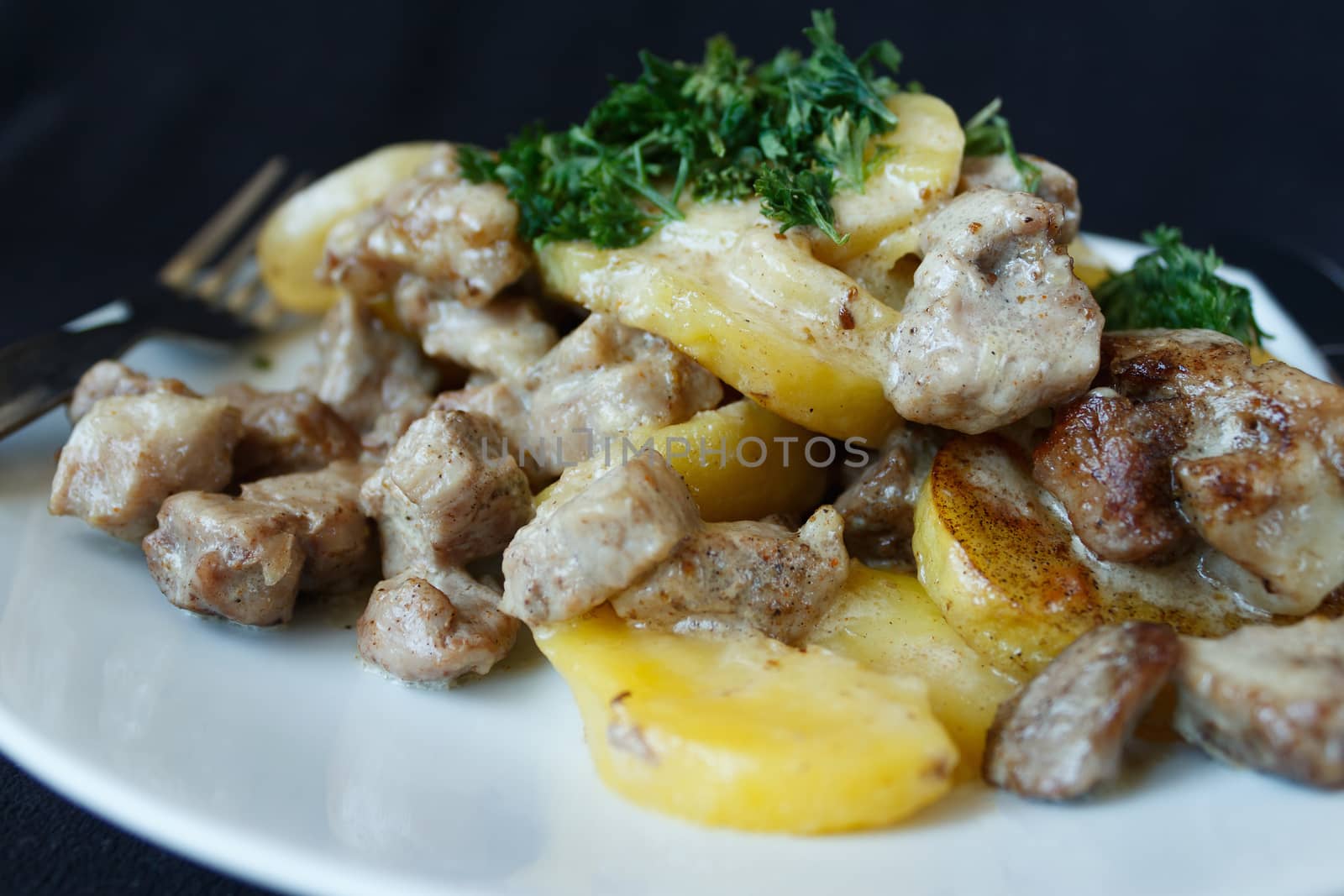 Photos: 29.  December 2015 Jablonec nad Nisou, Czech Republic scalloped potatoes with pork sauce on a white platter