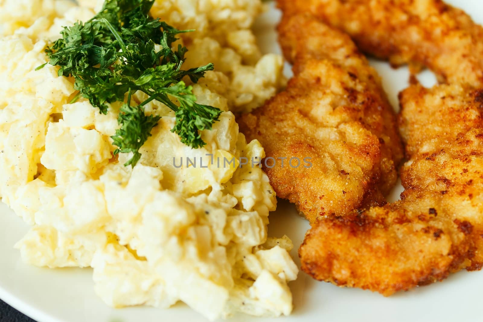 picture taken on Dec. 26, 2015 in Jablonec nad Nisou, Czech Republic schnitzel  and egg salad cucumber parsley white plate on a dark background