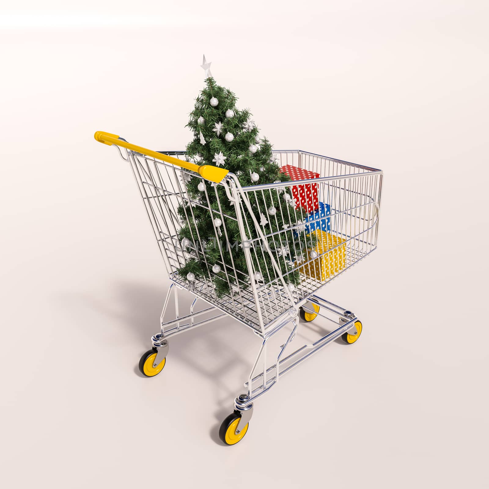 Shopping cart full of purchases in packages and Christamas tree by Supertooper