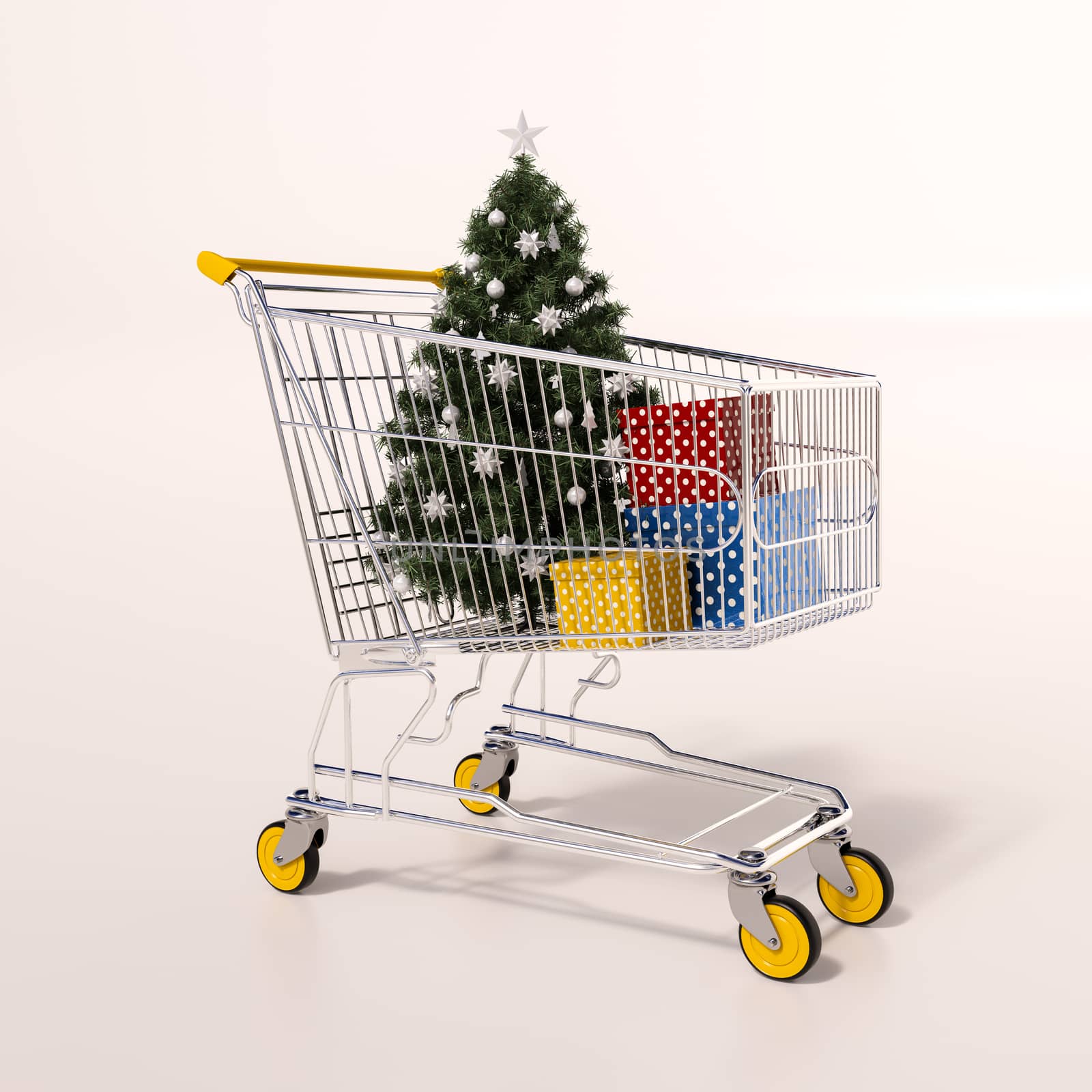 Shopping cart full of purchases in packages and Christamas tree by Supertooper