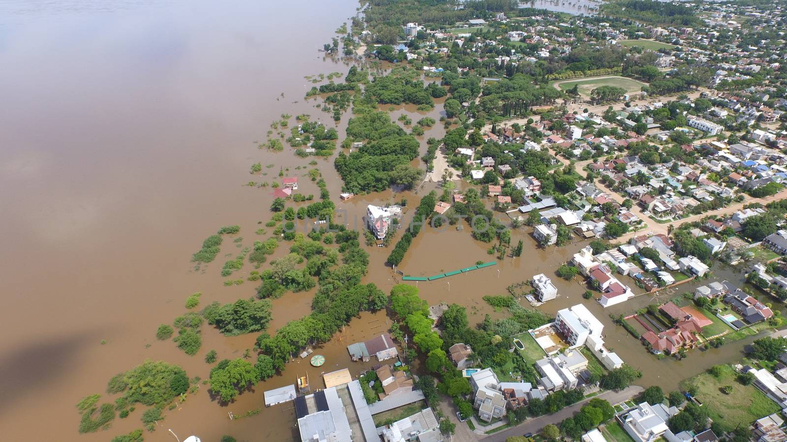 ARGENTINA, Colon: Drone footage shows the flooded city of Colon, Argentina on December 28, 2015. The flooding, caused by a dramatic rise in the level of the Rio Uruguay, had begun more than one week prior. The floods have caused the evacuation of more than 170,000 people in Uruguay, Paraguay, northern Argentina, and southern Brazil.