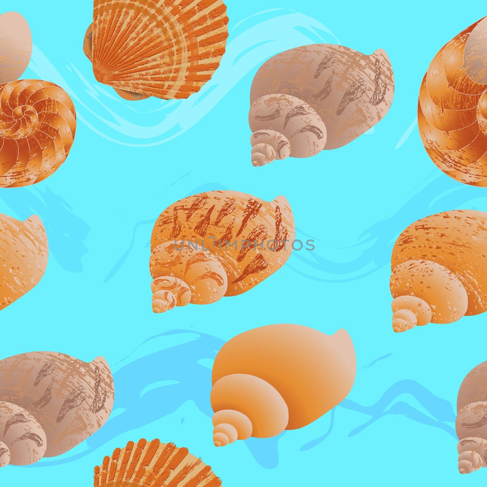 Seashells - Seamless wallpaper - On a blue background