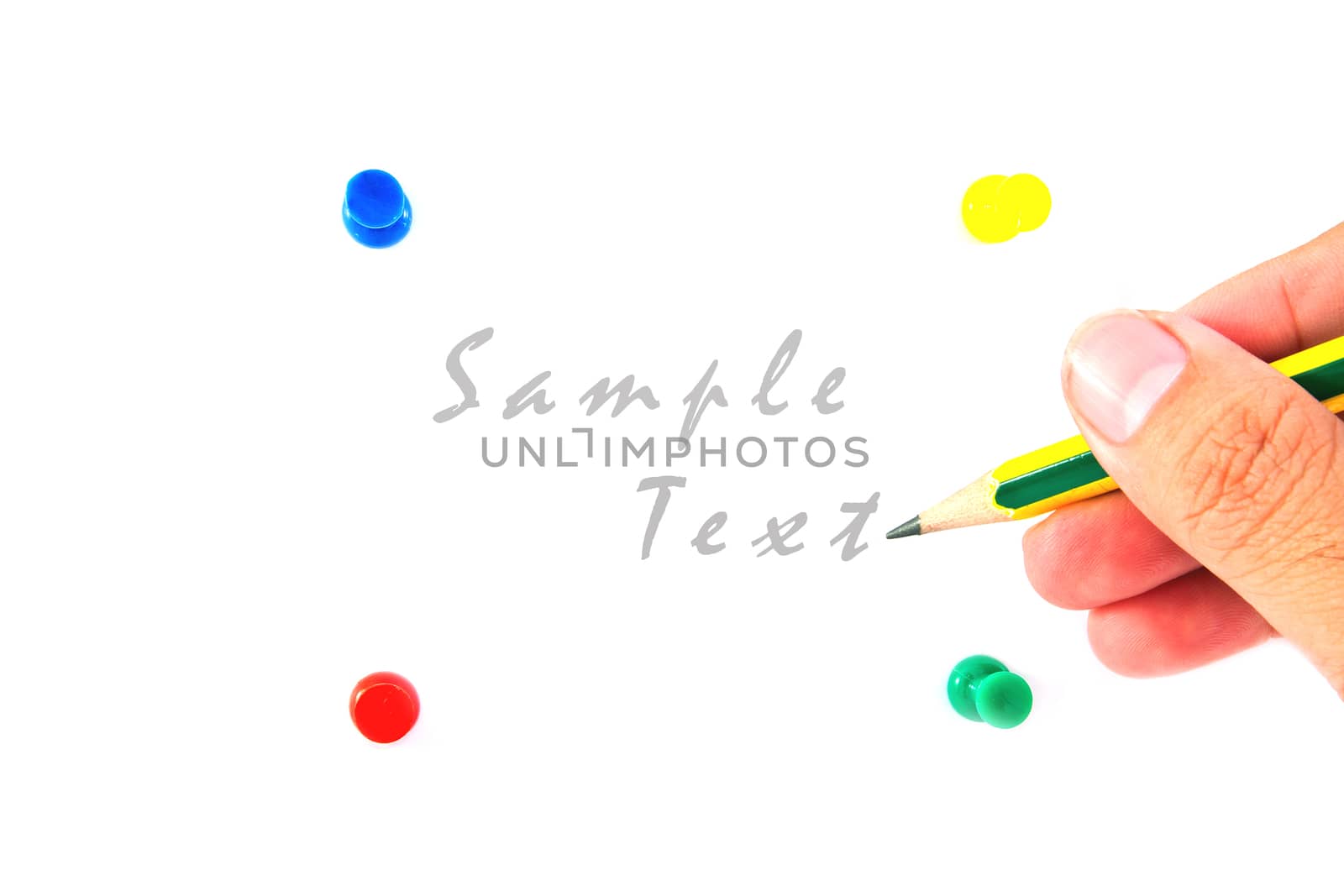 Push pins and pencil on hand  isolated on white background 