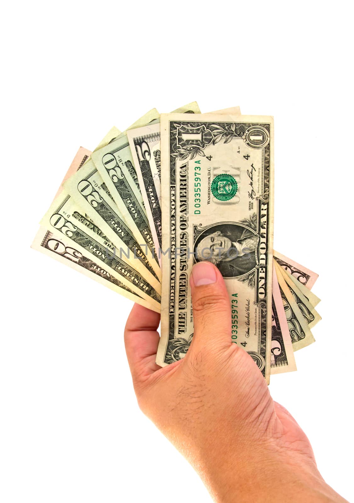 Hand holding money dollars isolated on white background 