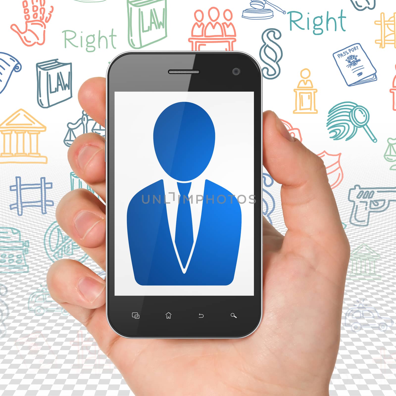 Law concept: Hand Holding Smartphone with  blue Business Man icon on display,  Hand Drawn Law Icons background, 3D rendering