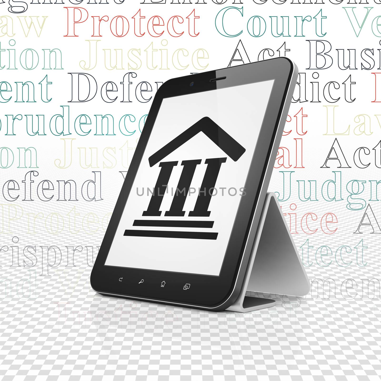 Law concept: Tablet Computer with  black Courthouse icon on display,  Tag Cloud background, 3D rendering